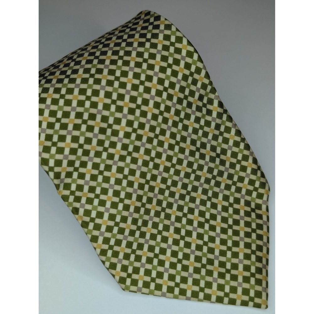Banana Republic Mens Silk Tie Green Gold Checkered Geometric Made in Italy